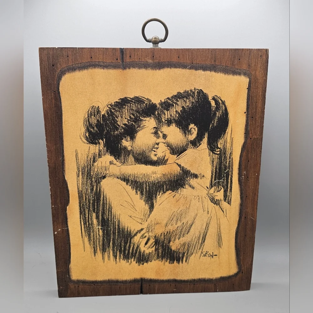 MCM Wood Photo Mother Daughter Arthur Sarnoff Saron Signed Vtg Picture 70s Litho